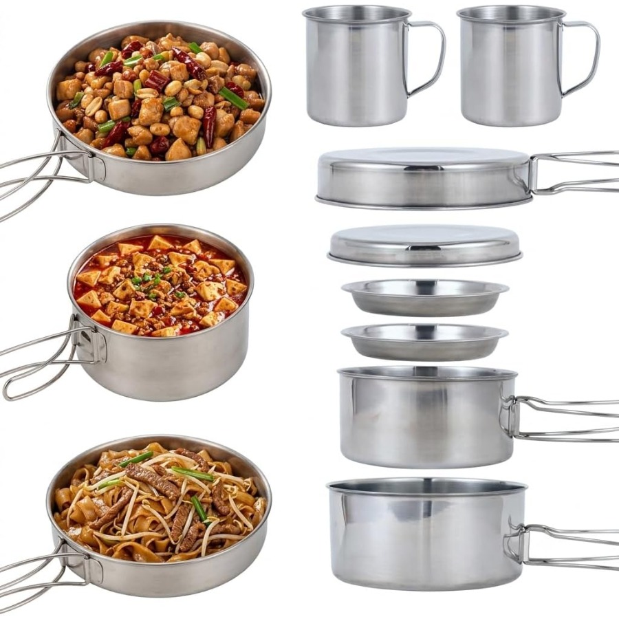 Camping Cooking Set With Kettle - Набор походной посуды из нержавеющей стали