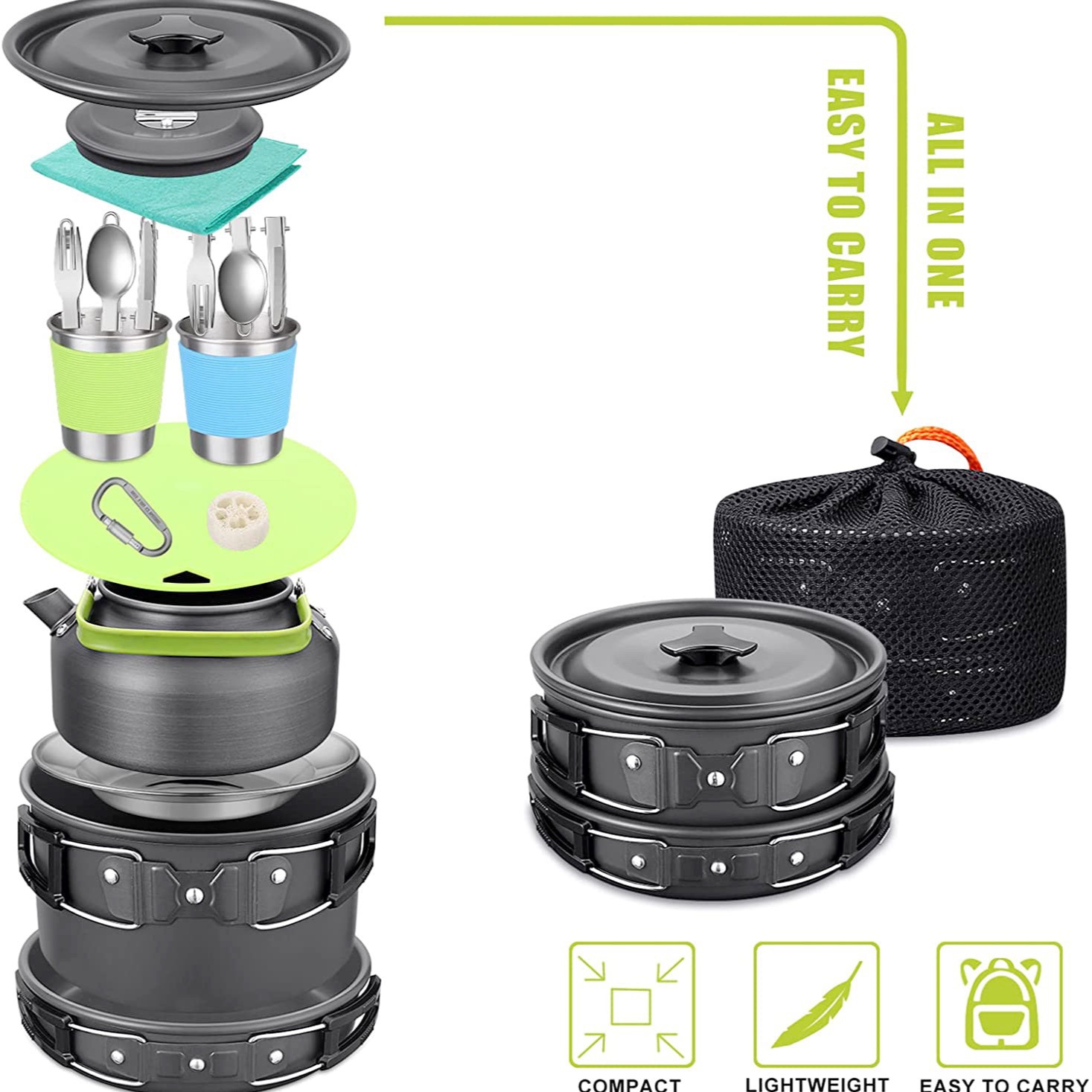 Набор для кемпинга на открытом – обзор и цена Camping Cooking Set With Kettle